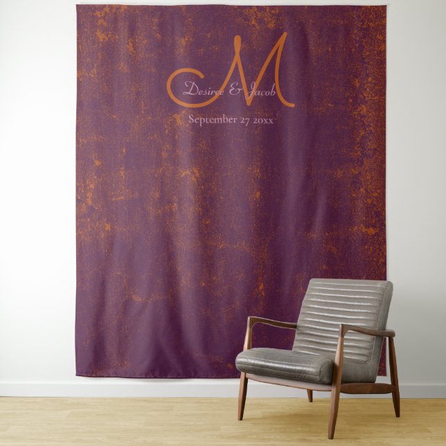 Purple Burnt Orange Wedding Photo Booth Backdrop Tapestry (In Situ)