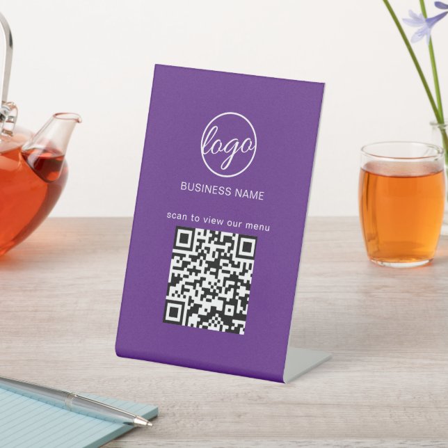 Purple Business Logo QR Code Restaurant Menu Pedestal Sign (In SItu)