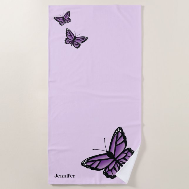 Purple Butterflies And Custom Name Beach Towel (Front)