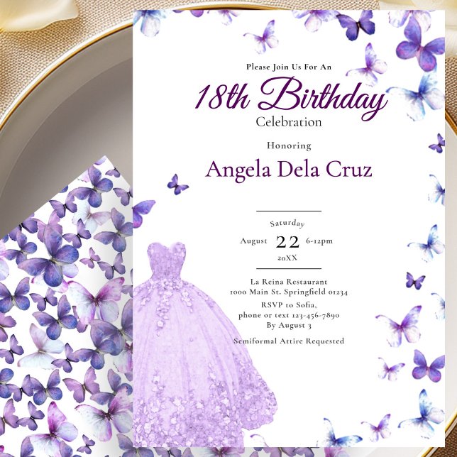 Purple Butterflies And Dress 18th Birthday Debut Invitation (Creator Uploaded)