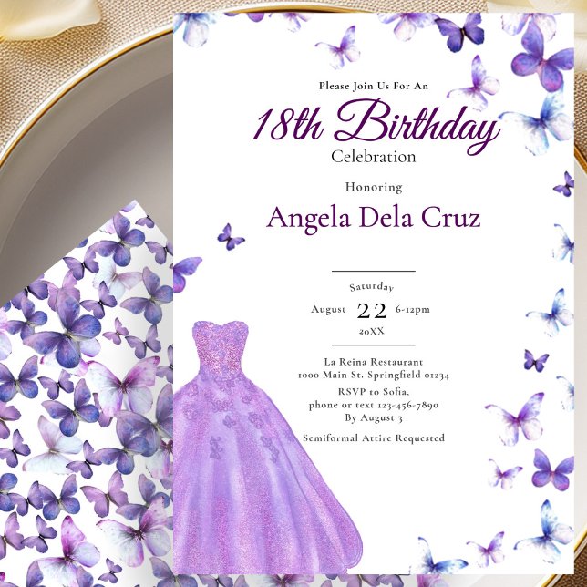 Purple Butterflies And Dress 18th Birthday Debut Invitation (Creator Uploaded)