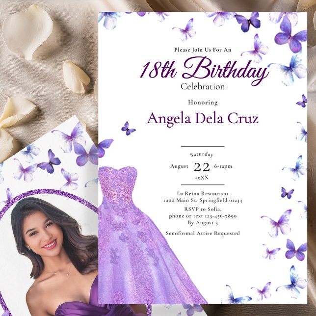 Purple Butterflies And Dress 18th Birthday Debut Invitation (Creator Uploaded)
