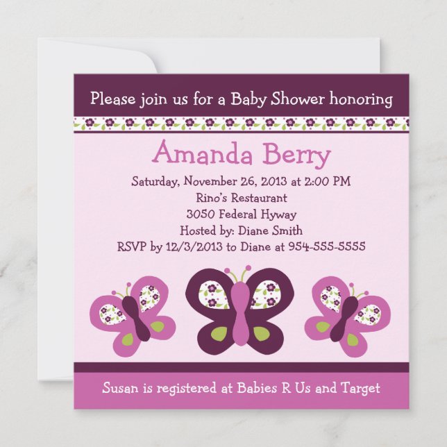 Purple Butterflies and Flow Baby Shower Invitation (Front)