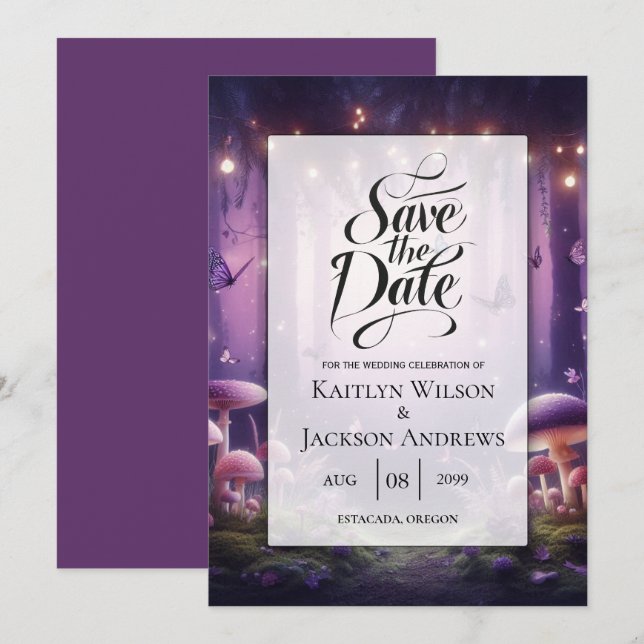 Purple Butterflies and Starlit Skies Wedding Save The Date (Front/Back)