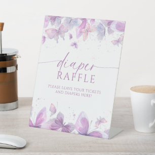 Purple Butterflies Baby Shower Diaper Raffle Sign