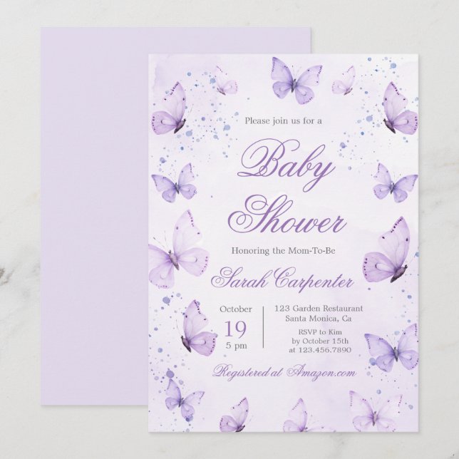 Purple Butterflies Baby Shower Girl Invitation (Front/Back)