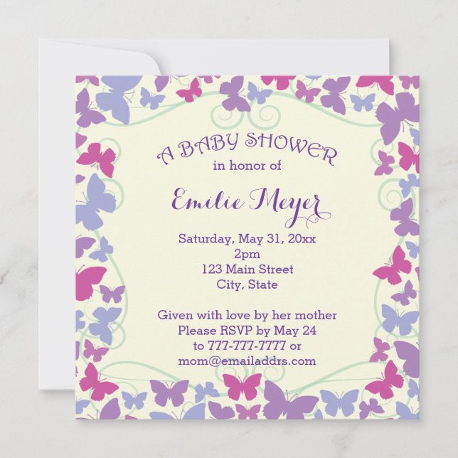 Purple Butterflies Baby Shower Invitation (Front)