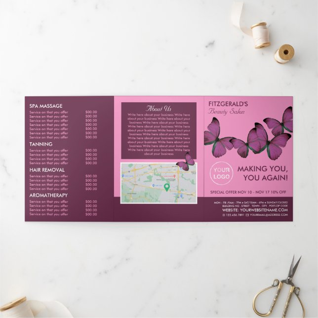 Purple Butterflies, Beauty Salon Tri-Fold Flyer (Outside)