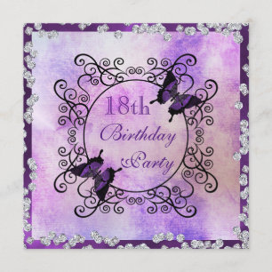 Purple Butterflies & Diamonds 18th Birthday Invitation