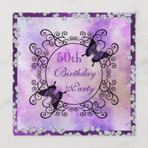 Purple Butterflies & Diamonds 50th Birthday Invitation