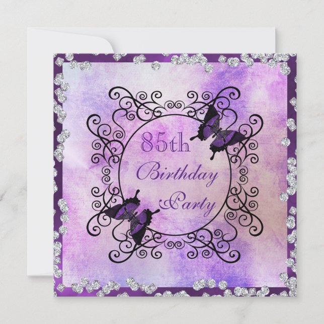 Purple Butterflies & Diamonds 85th Birthday Invitation (Front)