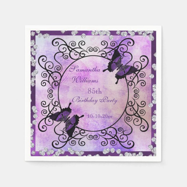 Purple Butterflies & Diamonds 85th Birthday Napkin (Front)