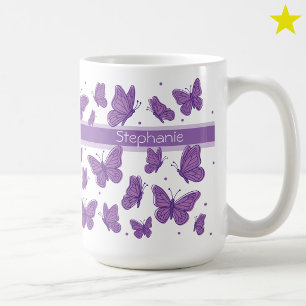 Purple Butterflies & Dots Custom Name Monogram Coffee Mug