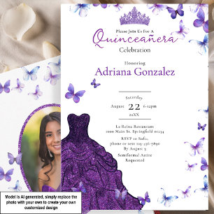 Purple Butterflies Dress Photo 15 XV Quinceanera Invitation