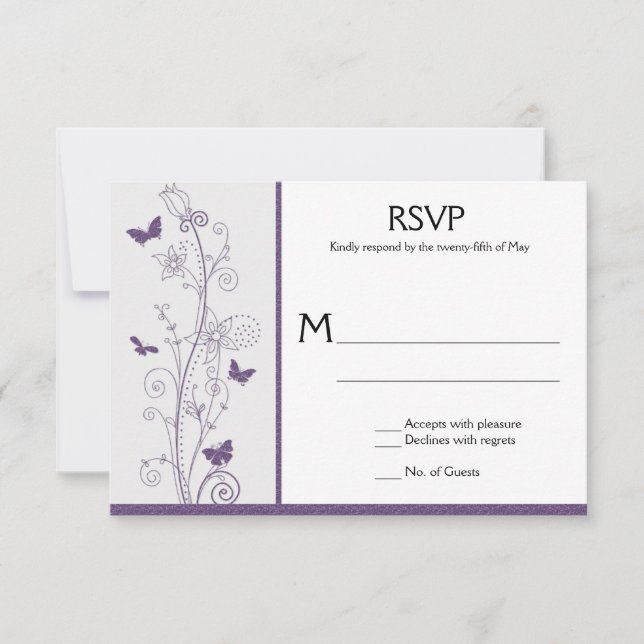 Purple Butterflies Flowers Swirls on Grey RSVP Card (Front)
