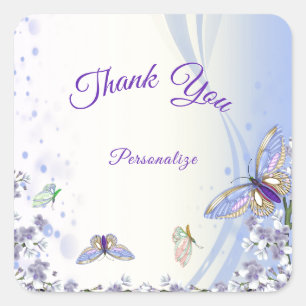 Purple Butterflies Flowers Thank You Personalise Square Sticker