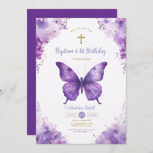 Purple Butterflies Garden Baptism & 1st Birthday  Invitation