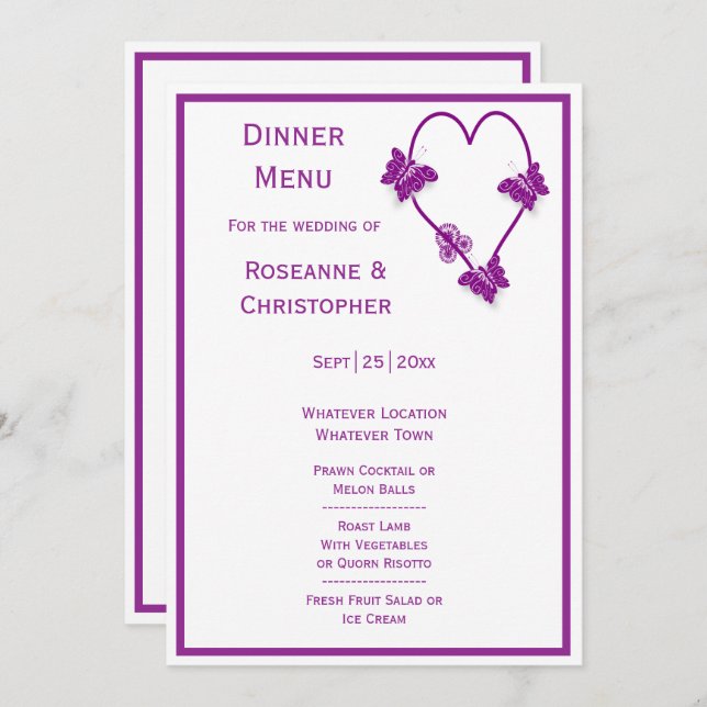 Purple Butterflies Heart Design Wedding Menu (Front/Back)