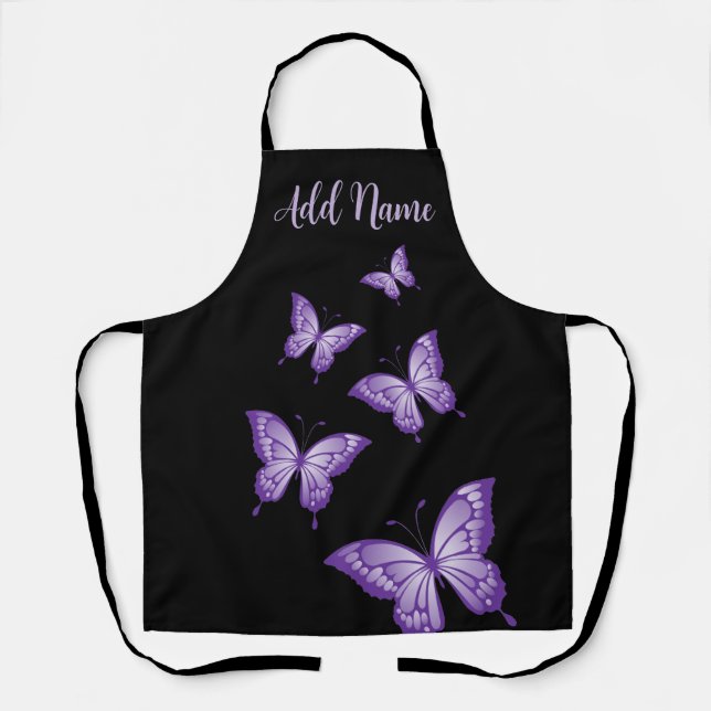 Purple Butterflies on a Black Background Apron (Front)