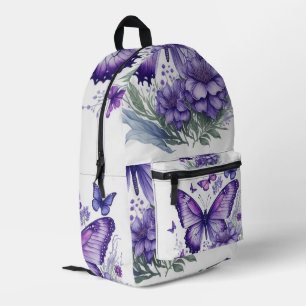 Purple Butterflies on Flower Printed Backpack