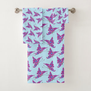 Purple Butterflies on Light Blue, Butterfly Print Bath Towel Set