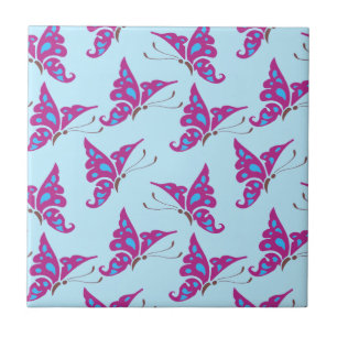 Purple Butterflies on Light Blue, Butterfly Print Ceramic Tile