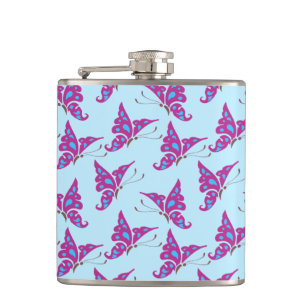 Purple Butterflies on Light Blue, Butterfly Print Hip Flask