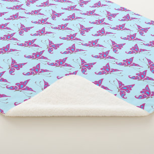Purple Butterflies on Light Blue, Butterfly Print Sherpa Blanket