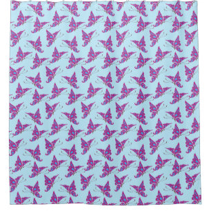Purple Butterflies on Light Blue, Butterfly Print Shower Curtain