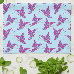 Purple Butterflies on Light Blue, Butterfly Print Tea Towel