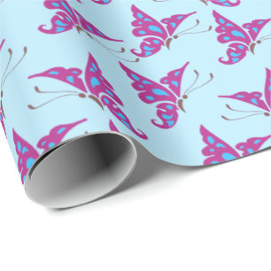 Purple Butterflies on Light Blue, Butterfly Print Wrapping Paper
