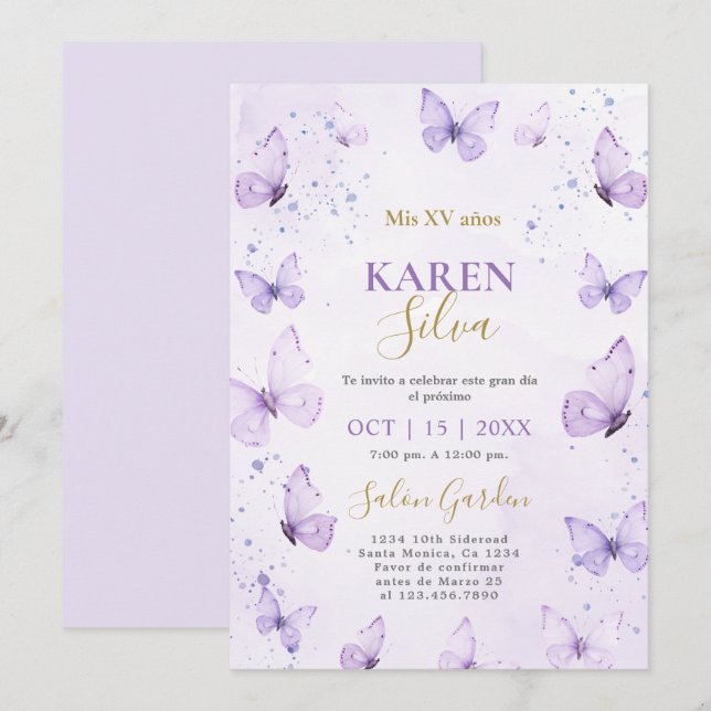 Purple Butterflies Quinceañera Invitation (Front/Back)