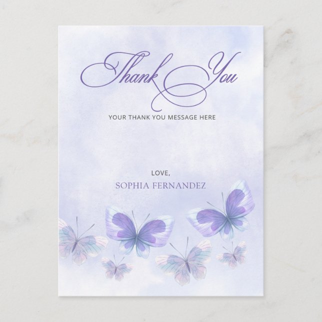Purple Butterflies Quinceanera Thank You Postcard (Front)