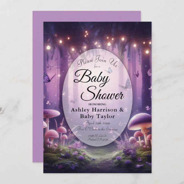 Purple Butterflies Starlit Skies Baby Shower Invitation (Front/Back)