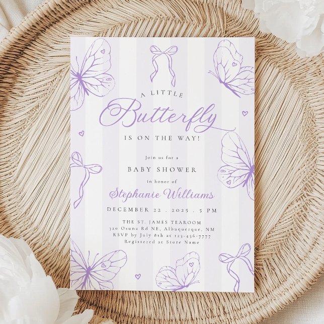 Purple Butterflies & Stripes Baby Shower Invitation (Creator Uploaded)