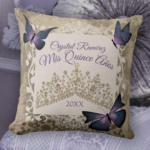 Purple Butterflies, Taupe Tiara Quinceanera Pillow