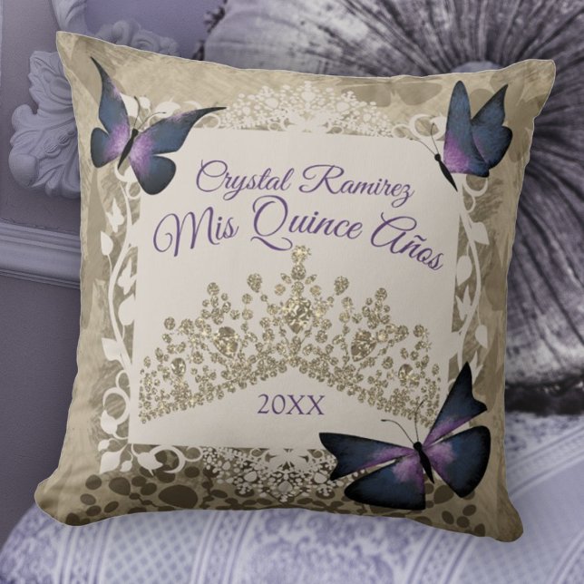 Purple Butterflies, Taupe Tiara Quinceanera Pillow (lavender plum purple quinceanera pillow vintage beige purple keepsake personalized throw gold tiara)