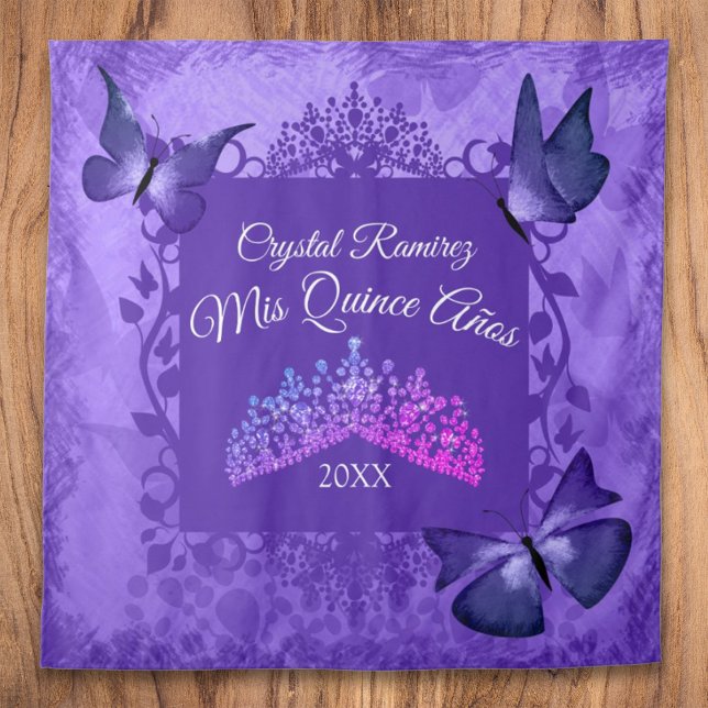 Purple Butterflies, Tiara Quinceanera Back Drop Tapestry (purple quinceanera party backdrop back drop drape tapestry tiara crown welcome quince sign banner)