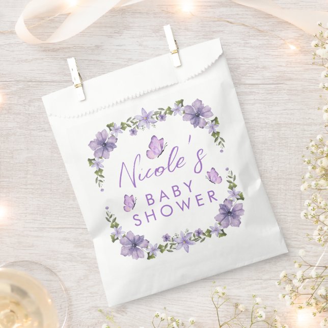 Purple Butterflies Watercolor Wildflower Baby Show Favour Bag (Clipped)