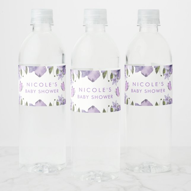 Purple Butterflies Watercolor Wildflower Water Bottle Label (Bottles)