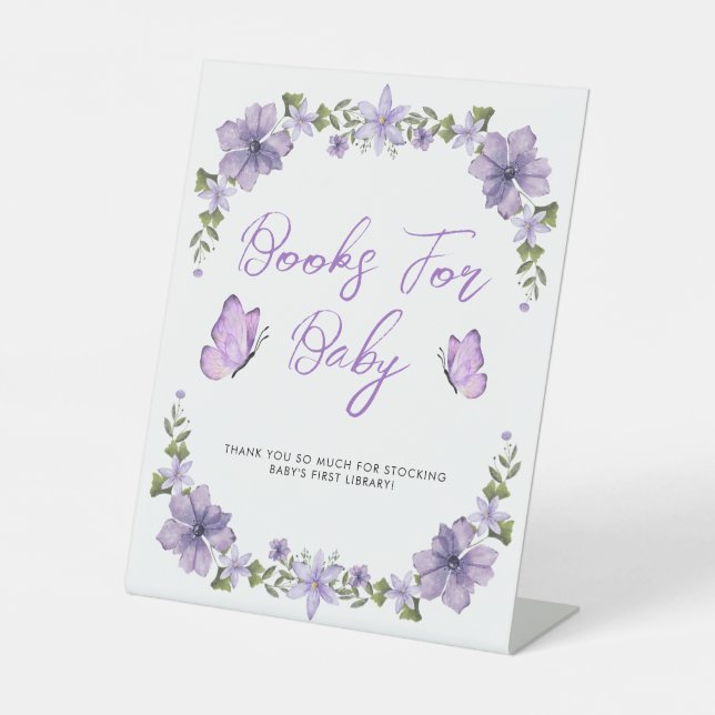 Purple Butterflies Wildflower Baby Shower Pedestal Sign (Front)