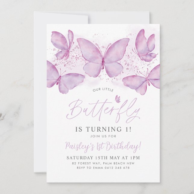 Purple Butterfly 1st Birthday Invitation Baby Girl (Front)