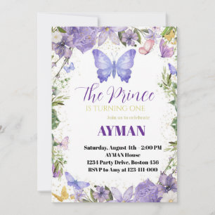 Purple Butterfly 1st Birthday Invitation for Boy –
