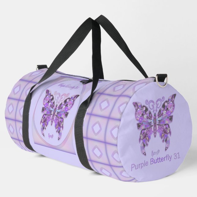 Purple Butterfly 3 Duffle Bag (Left Corner)