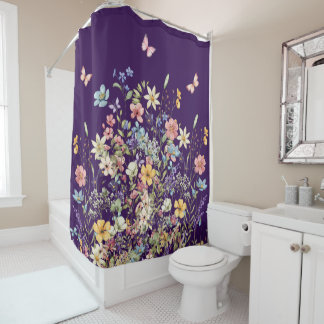Purple Butterfly and Floral Shower Curtain