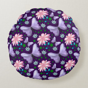 Purple Butterfly and Pink Floral Pattern Round Cushion