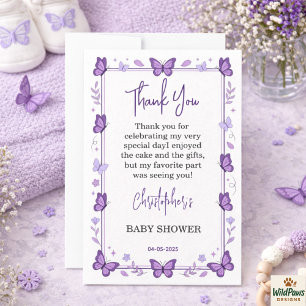 Purple Butterfly Baby Girl Baby Shower Thank You Card