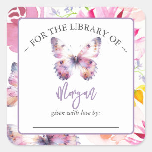 Purple Butterfly Baby Shower Bookplate Square Sticker