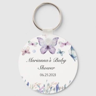 Purple Butterfly Baby Shower Favour Button Keychai Key Ring