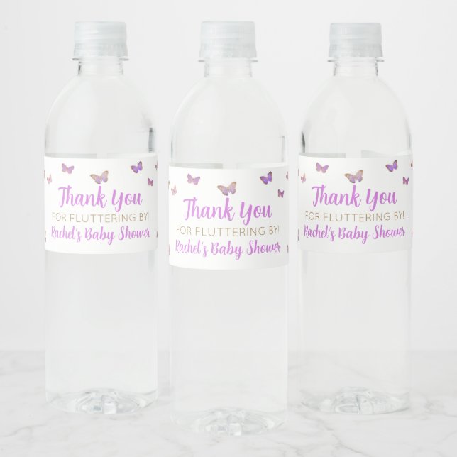 Purple Butterfly Baby Shower Favour Water Bottle Label (Bottles)